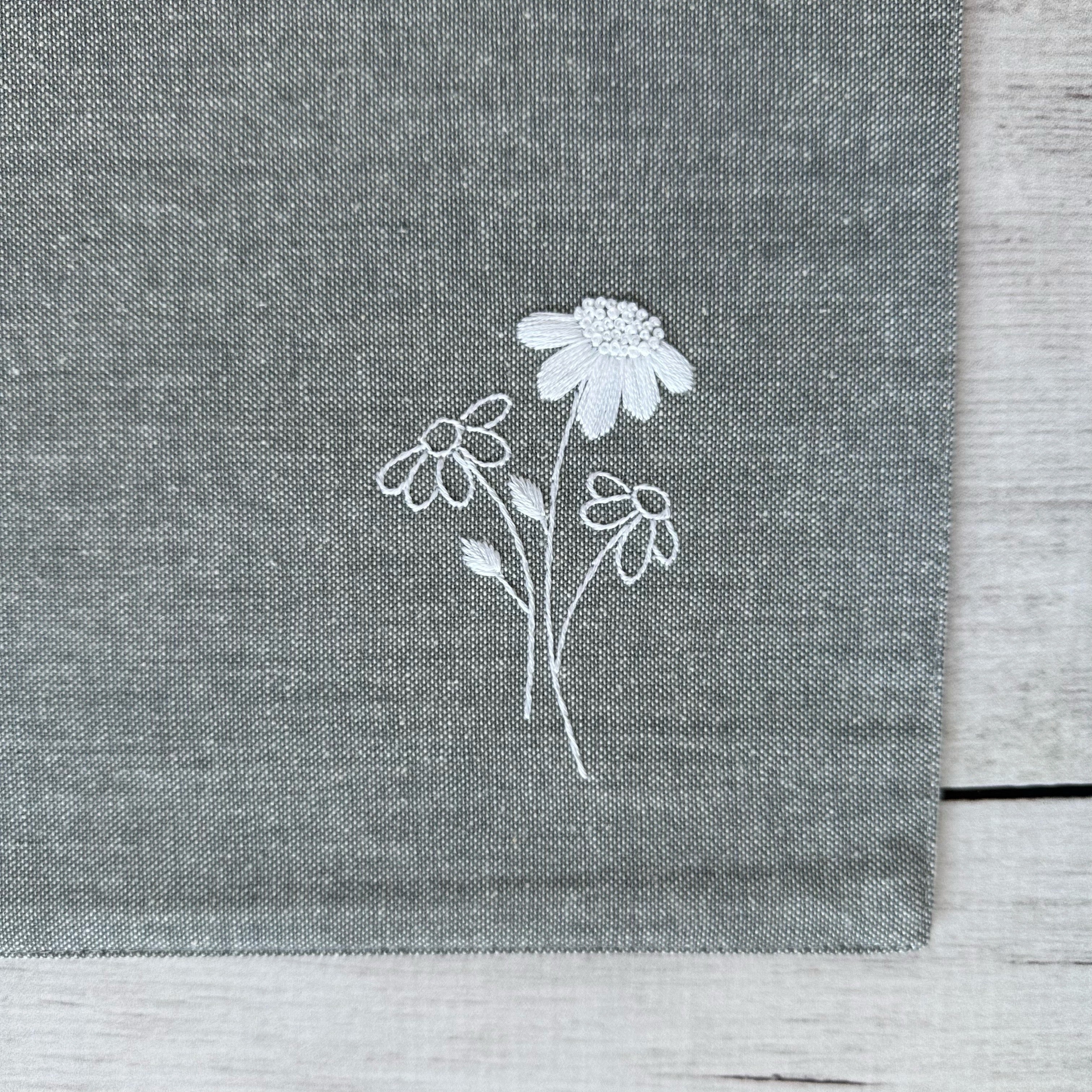 Floral embroidery on corner of a gray cotton placemat