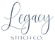 Legacy Stitch Co. logo with cursive text on a white background