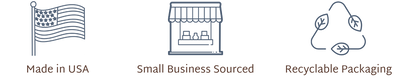 Three icons representing Made in USA, Small Business Sourced, and Recyclable Packaging.