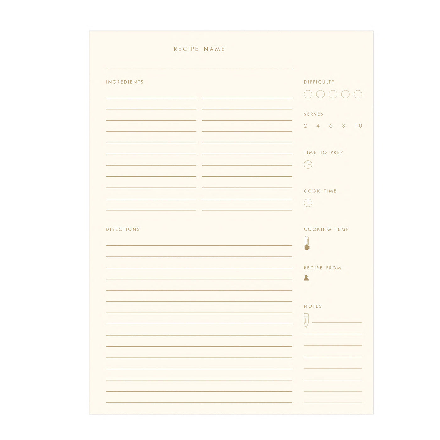 Blank recipe card with various fields for recipe details on a white background