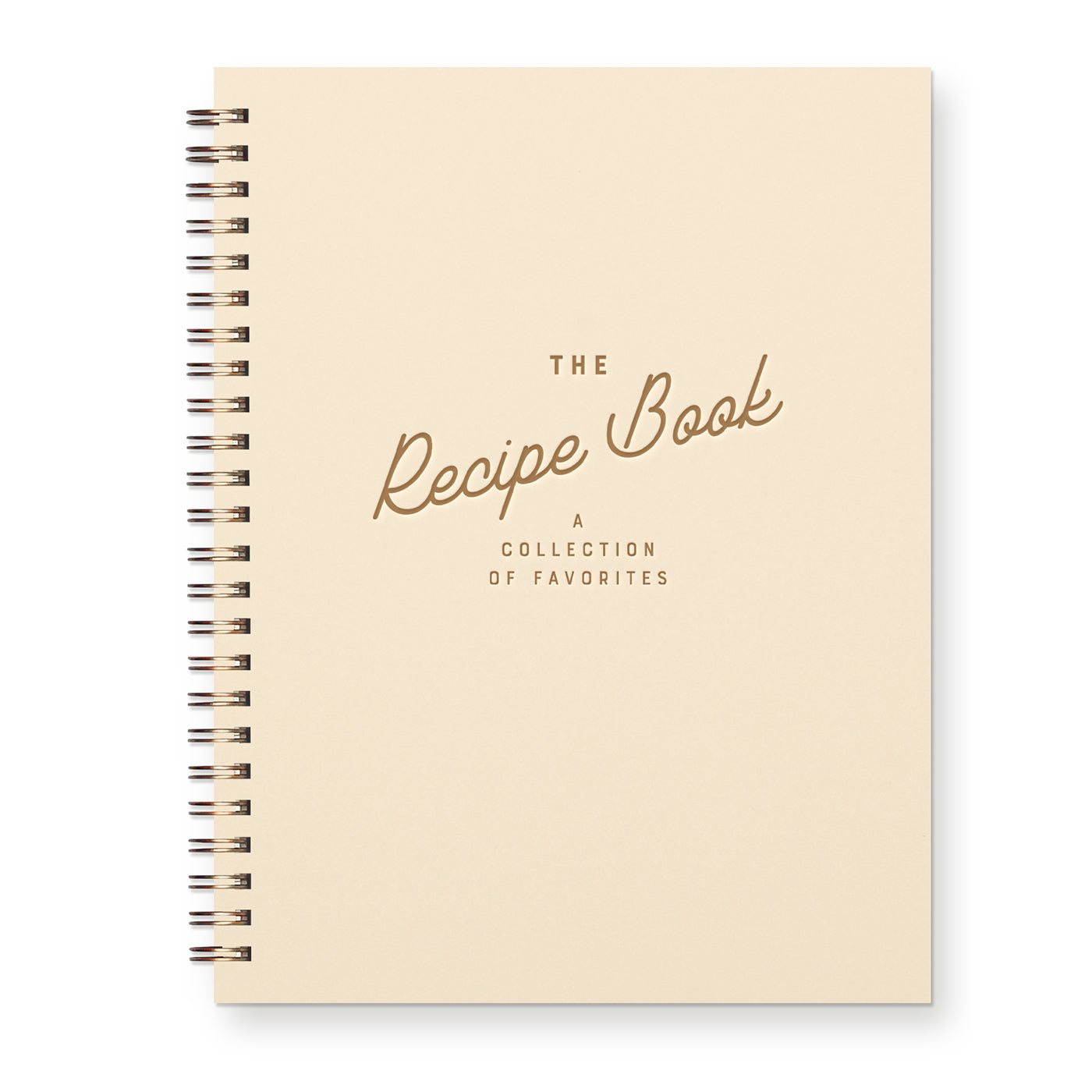 Ivory recipe book with gold text on a white background.