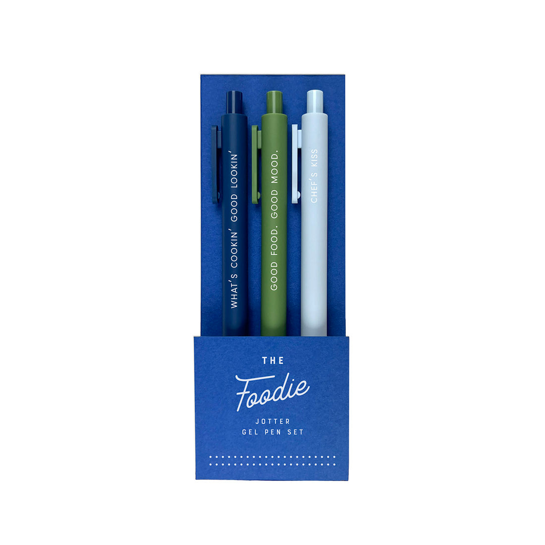 Set of three pens in a blue packaging with &