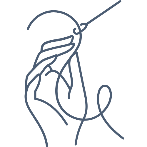 Line art of a hand holding a needle and thread on a white background