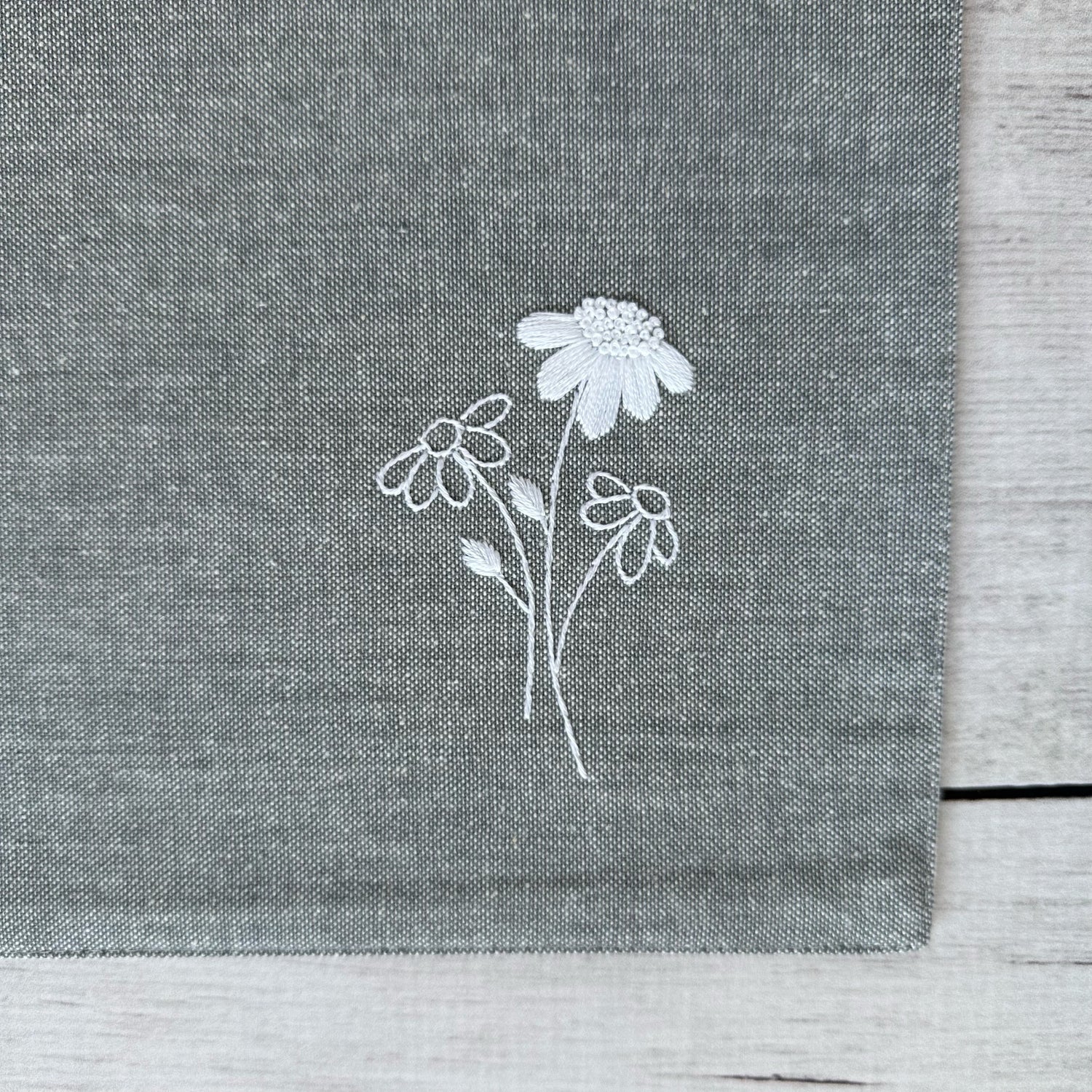 Floral embroidery on corner of a gray cotton placemat