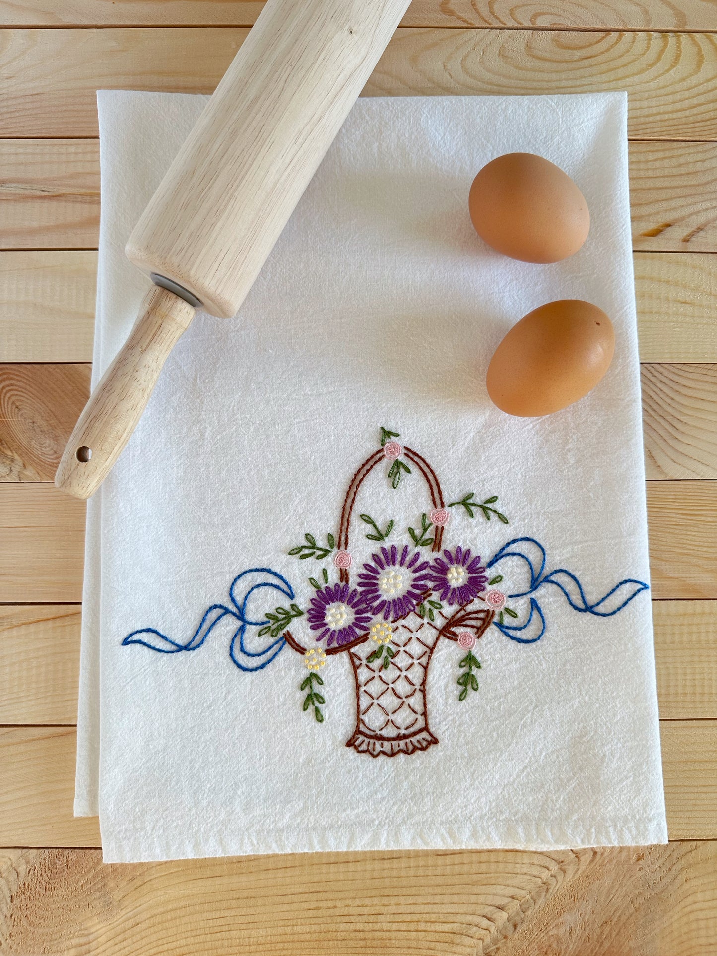 Hand Embroidered Tea Towel - Vintage Design