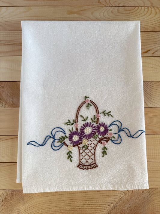 Hand Embroidered Tea Towel - Vintage Design