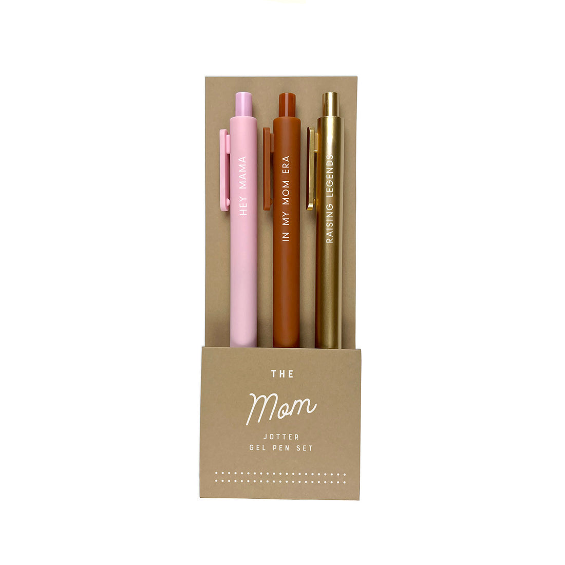 Set of three pens in pink, brown, and gold labeled The Mom Jotter Gel Pen Set  on a white background