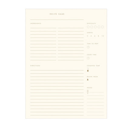Blank recipe card with various fields for recipe details on a white background